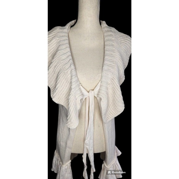 Pure Handknit Cotton Long Cardigan Front Tie Creme Boho Sweater Size S/M - Picture 2 of 9